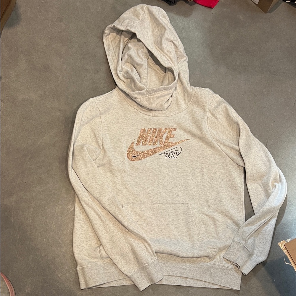 Nike Women's Light Gray Hoodie with Rose Gold Logo